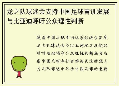 龙之队球迷会支持中国足球青训发展与比亚迪呼吁公众理性判断