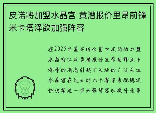 皮诺将加盟水晶宫 黄潜报价里昂前锋米卡塔泽欲加强阵容