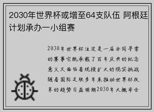 2030年世界杯或增至64支队伍 阿根廷计划承办一小组赛