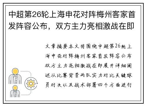 中超第26轮上海申花对阵梅州客家首发阵容公布，双方主力亮相激战在即